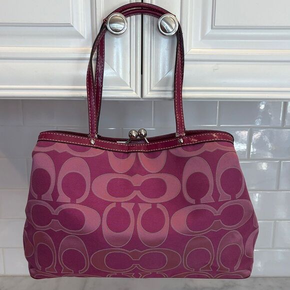 Coach Bag Purse Handbag Signature Stripe Kiss Lock Carryall Satchel Tote Bag - Picture 4 of 16